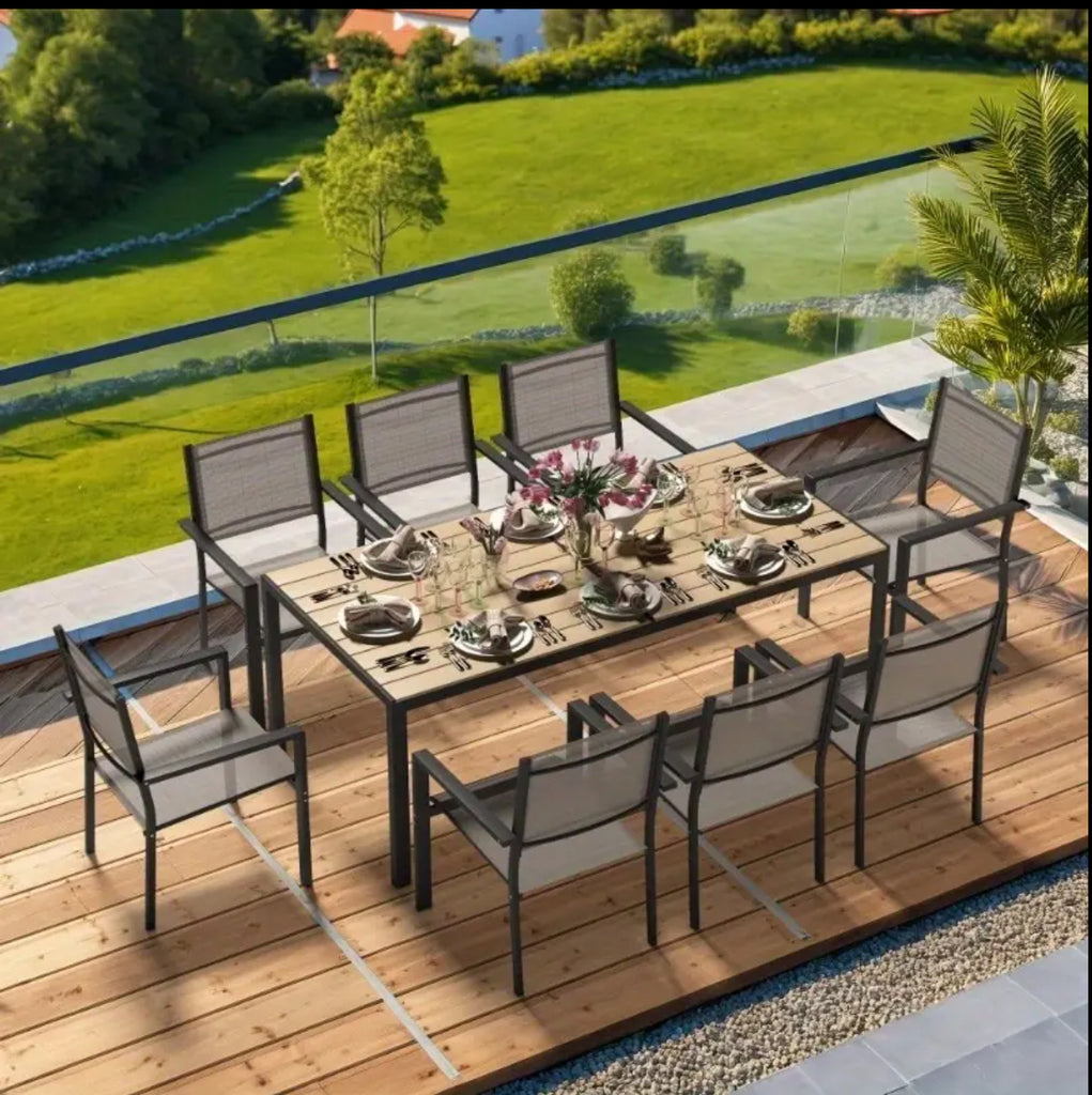All-Weather Patio Dining Set With WPC Tabletop & Iron Frame, Includes 6 Textilene Stackable Chairs For Garden, Backyard, Deck