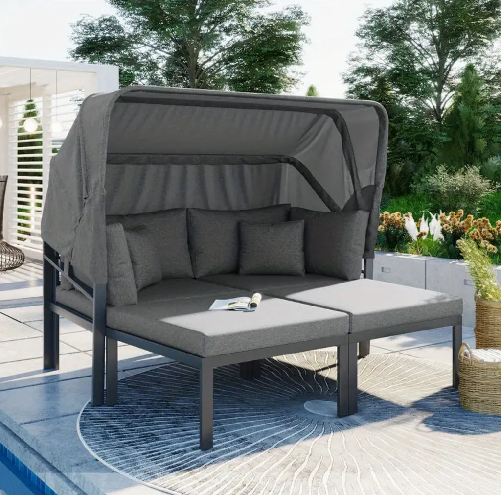 Outdoor Patio Sofa Daybed Adjustable Aluminum TOPMAX 3pcs Patio Daybed with Retractable Canopy Outdoor Metal Sectional Sofa Set Sun Lounger with Cushions for Backyard, Porch, Poolside, Grey