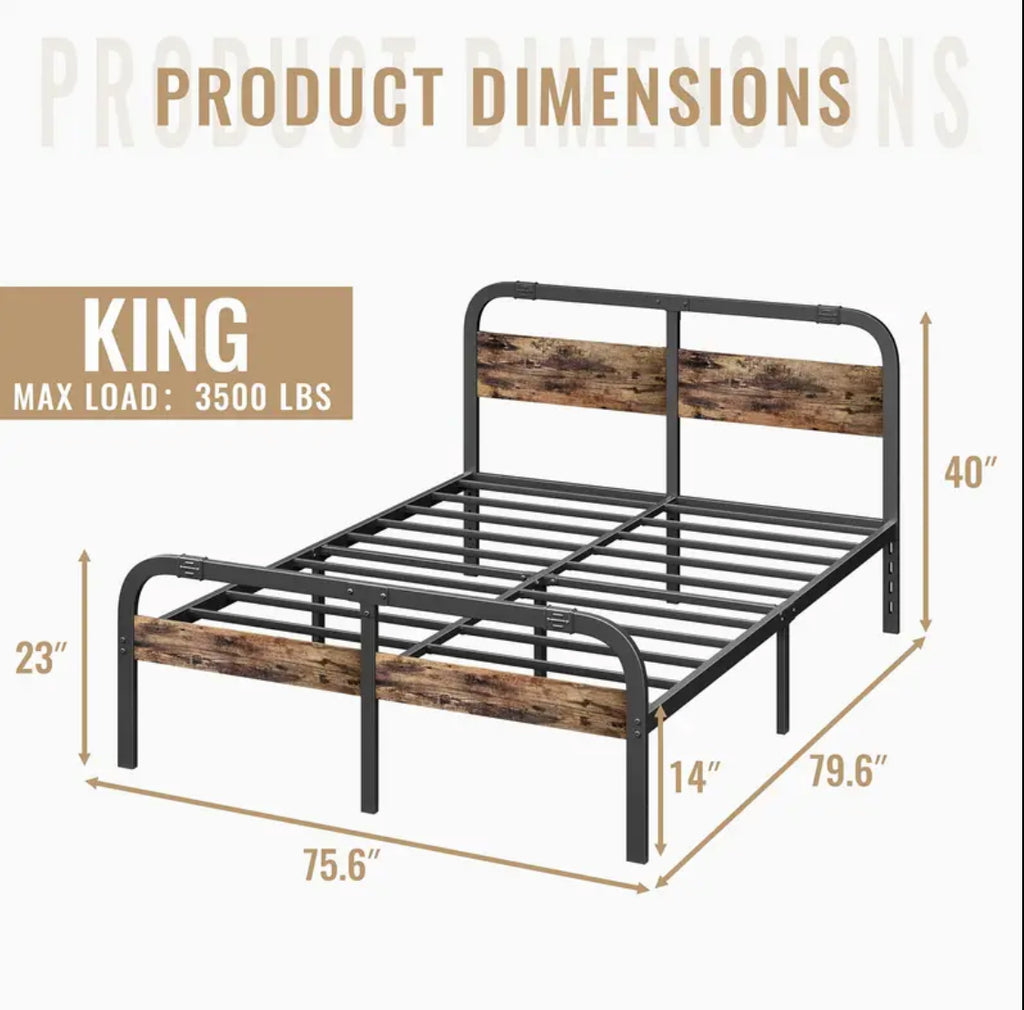 Metal Bed Frame (available in Queen & King Size) With Rustic Wooden Headboard And Footboard, Industrial Bed Platform, 14 Inch High Heavy Duty Steel Slats Support, No Box Spring Needed, Easy Assembly