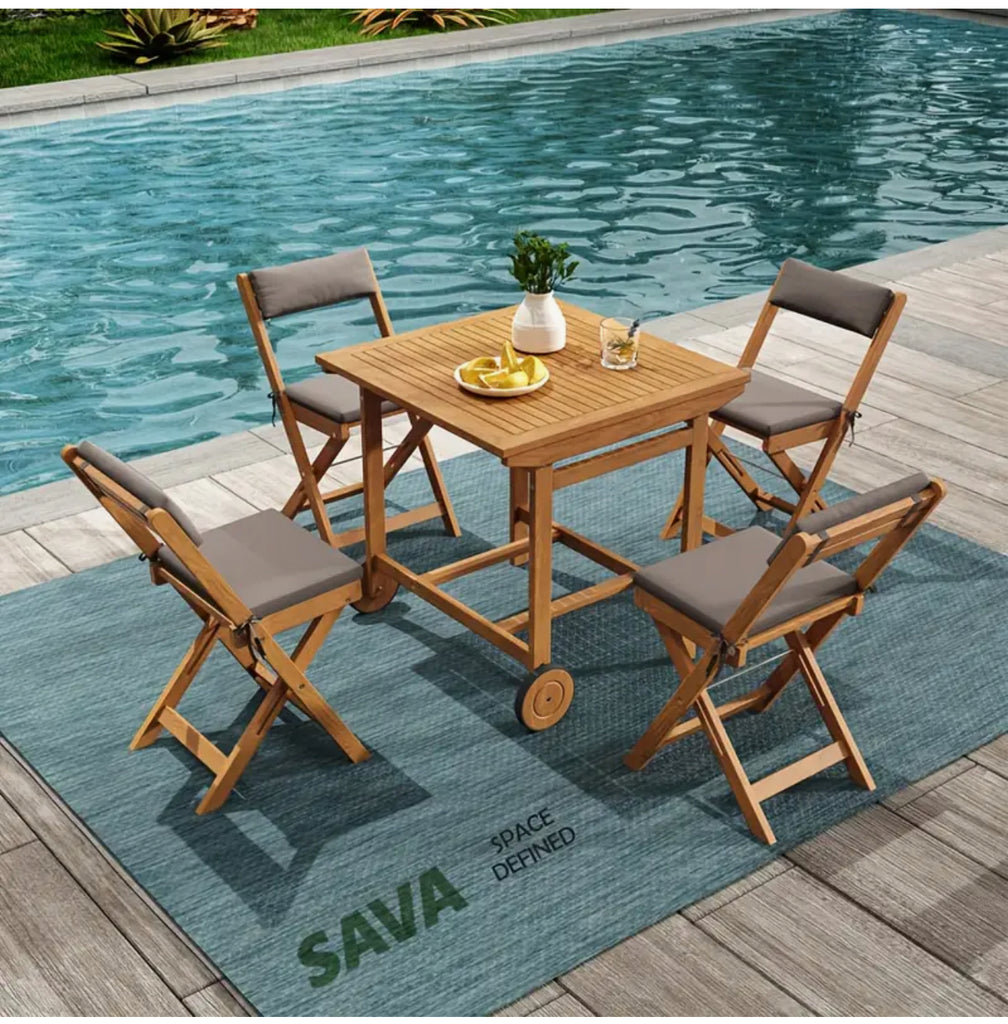 Foldable Rustic-Chic Acacia Wood Foldable Outdoor Dining Set-4 Chairs, Space-Saving Wheeled Design, Washable Cushions&Easy Assembly For Compact Patio, Balcony, Or Porch