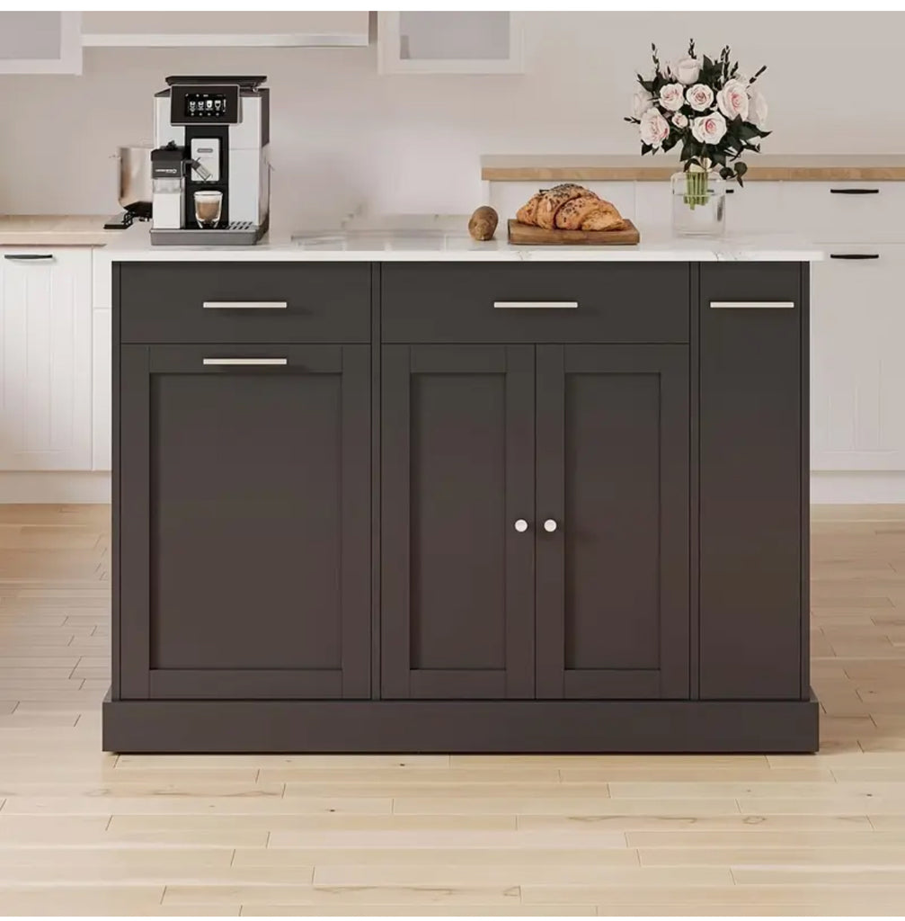 52" Rolling Kitchen Island with Trash Can Storage, Marble/Wood & Pull-Out Spice Rack, Black-Marble Black-Wood Gray-Marble White-Wood Options
