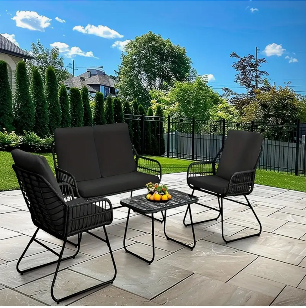 4pcs Outdoor Wicker Furniture Set - All-Weather Lounge Chair, Seating & Coffee Table, Patio Conversation Group For Garden, Deck & Pool Area