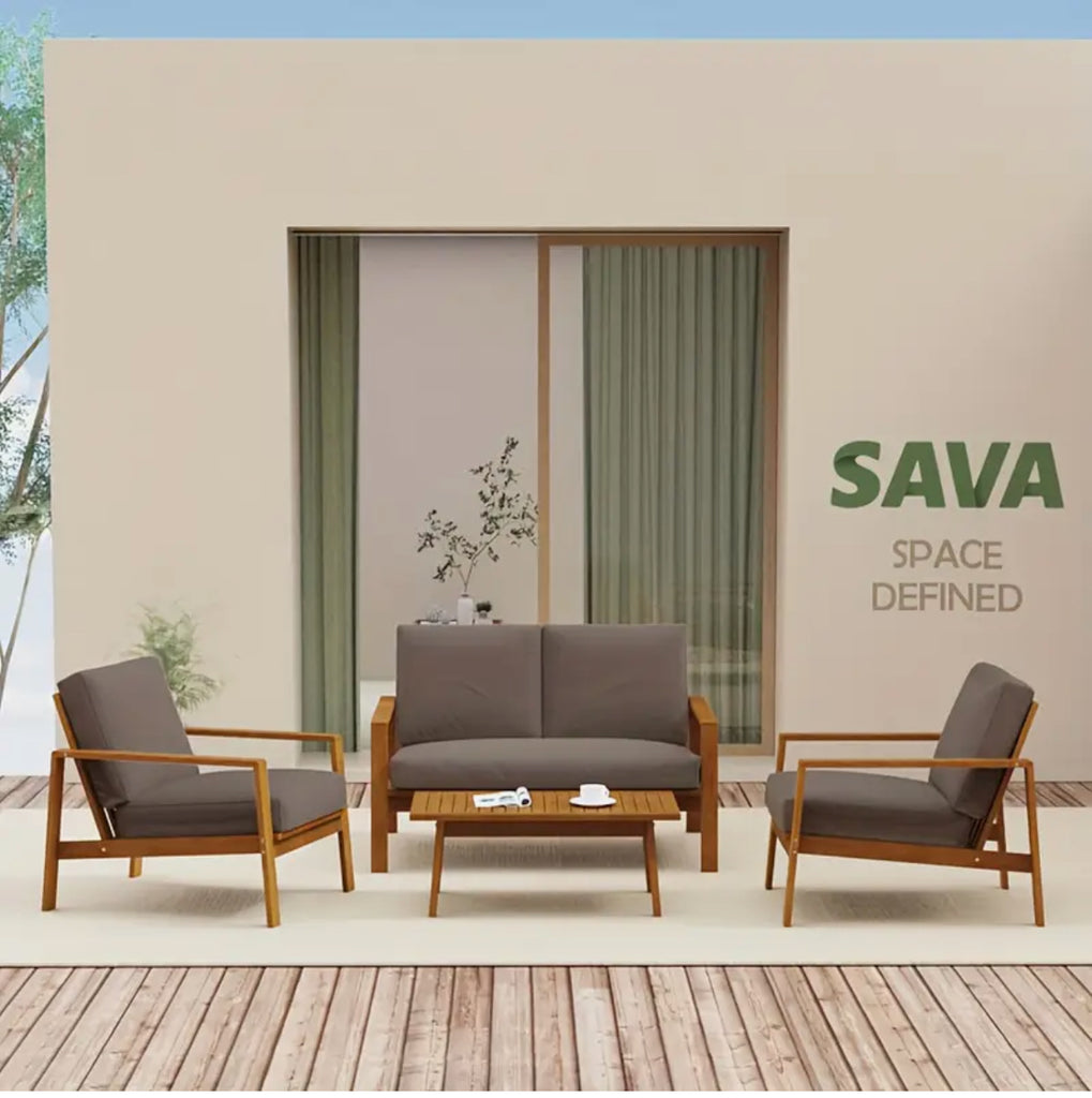4pcs Patio Furniture Set, Acacia Wood Patio Sectional Sofa, Outdoor Conversation Set with Cushion, Single Chairs & Loveseat with Coffee Table, Modern Seating for Lawn Garden Porch, Grey
