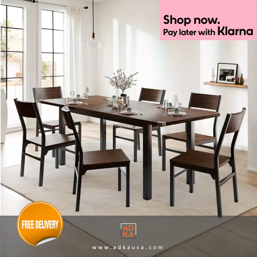 7pcs Dining Table Set with 6 Chairs, 63" Extendable Kitchen Table Set for 4-6, Mid-Century Dining Room Table for Small Space, Heavy-Duty Metal Frame, Easy Clean