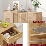 Rattan Sideboard, Storage Cabinet with Rattan Doors & Adjustable Shelves, Farmhouse Buffet Cabinet & 2 Drawers, Coffee Bar