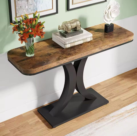 Industrial Console Table, 40 inch Narrow Entryway Foyer Table with Geometric Base, Rustic Hallway Accent Table