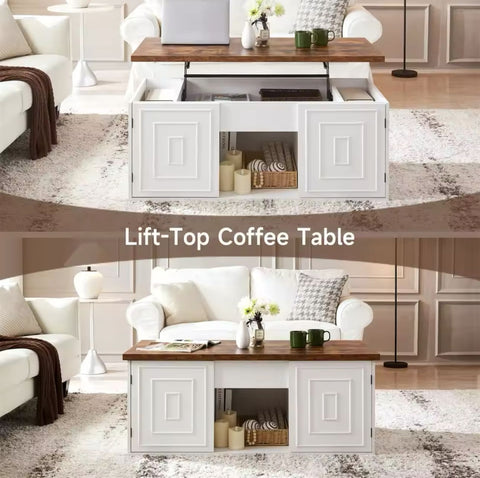 Coffee Table 48" Living Room Coffee Table with Storage Cabinet for Work Drinking Dining Gaming , White , Rustic Wood