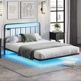 Floating Queen Size Bed Frame with LED Lights & Power Outlet Metal Platform Bed Frame with Headboard No Box Spring Needed