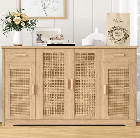 Rattan Sideboard, Storage Cabinet with Rattan Doors & Adjustable Shelves, Farmhouse Buffet Cabinet & 2 Drawers, Coffee Bar