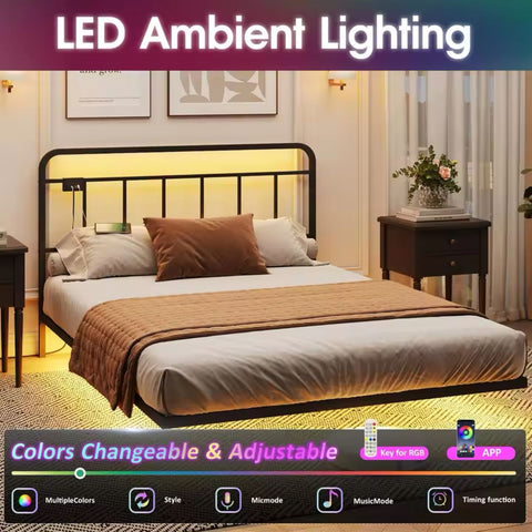 Floating Queen Size Bed Frame with LED Lights & Power Outlet Metal Platform Bed Frame with Headboard No Box Spring Needed