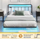 Floating Queen Size Bed Frame with LED Lights & Power Outlet Metal Platform Bed Frame with Headboard No Box Spring Needed