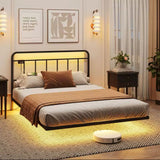 Floating Queen Size Bed Frame with LED Lights & Power Outlet Metal Platform Bed Frame with Headboard No Box Spring Needed