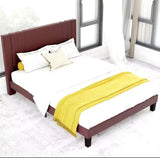 Queen Size Bed Frame, Linen Fabric Upholstered Platform with Headboard (Brown)