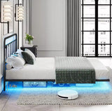 Floating Queen Size Bed Frame with LED Lights & Power Outlet Metal Platform Bed Frame with Headboard No Box Spring Needed