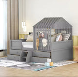 Full Size House Bed For Kids , Wooden Low Full Loft Bed With 4 Drawers, Full Storage Bed Frame With Roof And Windows