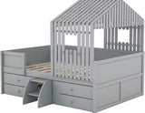 Full Size House Bed For Kids , Wooden Low Full Loft Bed With 4 Drawers, Full Storage Bed Frame With Roof And Windows