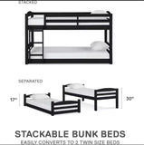 Convertible Low Wood Floor Bunk Bed, Stackable and Detachable Bed Frames for Kids, Solid Wood, with Ladder, High Guardrail