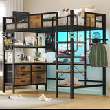 Loft Bed Twin Size with L Shaped Desk and Storage, Metal Bunk Bed with Desk Underneath and LED Lights and Charging Station78"L