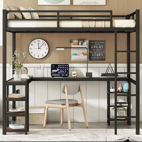 Full Size Loft Bed With Desk And Storage Shelves, Heavy Duty Loft Bed With Desk And Ladder, Full Size Loft Bed For Kids