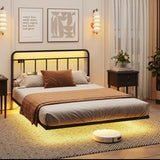 Floating Queen Size Bed Frame with LED Lights & Power Outlet Metal Platform Bed Frame with Headboard No Box Spring Needed