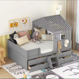 Full Size House Bed For Kids , Wooden Low Full Loft Bed With 4 Drawers, Full Storage Bed Frame With Roof And Windows