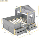 Full Size House Bed For Kids , Wooden Low Full Loft Bed With 4 Drawers, Full Storage Bed Frame With Roof And Windows