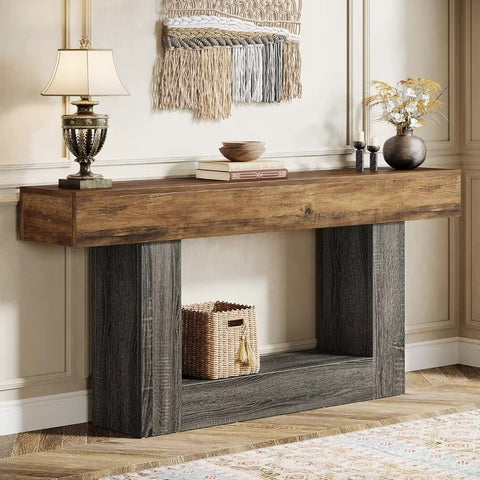 63" Console Table, Farmhouse 2-Tier Entryway Table with U-Shaped Base, Narrow Long Wood Sofa Table Behind Couch Table