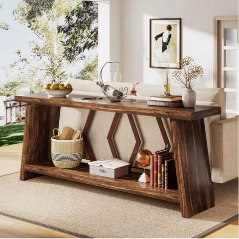 70.86-Inch Farmhouse Console Table, Industrial Narrow Long Sofa Entryway Table with Storage, 2-Tier Wood Couch Foyer