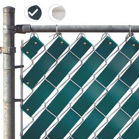 Listones de cerca de alambre de cadena, rollo de cinta para cubrir pantallas de privacidad con sujetadores de latón, diseño de panel tejido para el hogar, la escuela, el negocio, los estadios (1,8 pulgadas x 246 pies, verde)