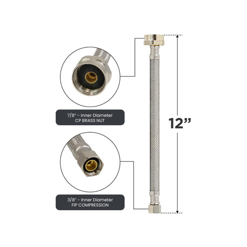 Everflow Supplies 27413-NL Línea de suministro de tanque trenzada de acero inoxidable sin plomo con conexión de compresión de 3/8" y tuerca de latón BC de 7/8", 12"