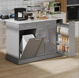 52" Rolling Kitchen Island with Trash Can Storage, Marble/Wood & Pull-Out Spice Rack, Black-Marble Black-Wood Gray-Marble White-Wood Options