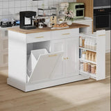 52" Rolling Kitchen Island with Trash Can Storage, Marble/Wood & Pull-Out Spice Rack, Black-Marble Black-Wood Gray-Marble White-Wood Options