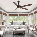 65 Inch Industrial Modern Ceiling Fan with Lights - 5 Reversible Blades, Remote Control, DC Motor, 6-Speed Adjustable, 3 Color Temperatures, Downrod Mount, Matte Black Finish for Bedroom & Living Room, Living Room Fan | Industrial Ceiling Fan | Lighting F