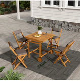 Foldable Rustic-Chic Acacia Wood Foldable Outdoor Dining Set-4 Chairs, Space-Saving Wheeled Design, Washable Cushions&Easy Assembly For Compact Patio, Balcony, Or Porch