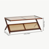 Woven Bamboo Coffee Table | 47" Tempered Glass Top with Rattan Shelf | Walnut Finish | Multi-Functional Storage for Living Room & Bedroom | Modern Boho Design, Decorative Storage | Bamboo Legs, Coffee Table for Living Room