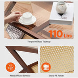 Woven Bamboo Coffee Table | 47" Tempered Glass Top with Rattan Shelf | Walnut Finish | Multi-Functional Storage for Living Room & Bedroom | Modern Boho Design, Decorative Storage | Bamboo Legs, Coffee Table for Living Room