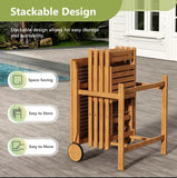 Foldable Rustic-Chic Acacia Wood Foldable Outdoor Dining Set-4 Chairs, Space-Saving Wheeled Design, Washable Cushions&Easy Assembly For Compact Patio, Balcony, Or Porch