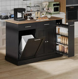 52" Rolling Kitchen Island with Trash Can Storage, Marble/Wood & Pull-Out Spice Rack, Black-Marble Black-Wood Gray-Marble White-Wood Options