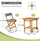 Foldable Rustic-Chic Acacia Wood Foldable Outdoor Dining Set-4 Chairs, Space-Saving Wheeled Design, Washable Cushions&Easy Assembly For Compact Patio, Balcony, Or Porch