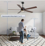 65 Inch Industrial Modern Ceiling Fan with Lights - 5 Reversible Blades, Remote Control, DC Motor, 6-Speed Adjustable, 3 Color Temperatures, Downrod Mount, Matte Black Finish for Bedroom & Living Room, Living Room Fan | Industrial Ceiling Fan | Lighting F