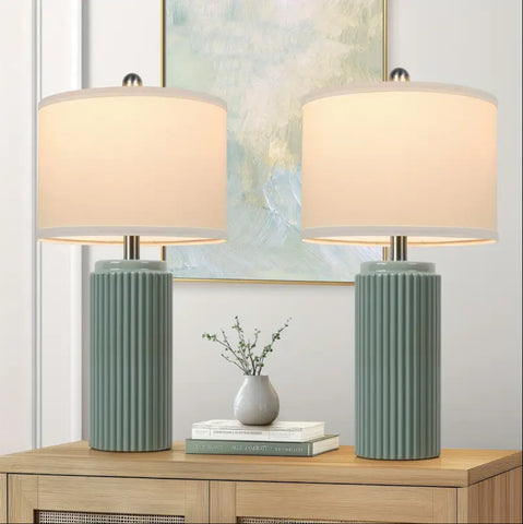 Set of 2 23.5in Modern Ceramic Table Lamps for Living Room, Farmhouse Vintage Bedside Table Lamps with White Linen Shade, Rustic Bedroom Ceramic Lamps for Nightstand Home Office End Table Dorm