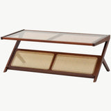 Woven Bamboo Coffee Table | 47" Tempered Glass Top with Rattan Shelf | Walnut Finish | Multi-Functional Storage for Living Room & Bedroom | Modern Boho Design, Decorative Storage | Bamboo Legs, Coffee Table for Living Room