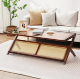 Woven Bamboo Coffee Table | 47" Tempered Glass Top with Rattan Shelf | Walnut Finish | Multi-Functional Storage for Living Room & Bedroom | Modern Boho Design, Decorative Storage | Bamboo Legs, Coffee Table for Living Room