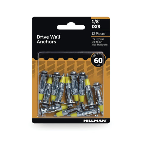 Hillman Wall Anchors, 1/8"DS, Silver Zinc Finish, Steel, 60lbs, 12 Pack