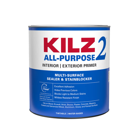 Imprimador, sellador y bloqueador de manchas para interiores y exteriores a base de agua de color blanco multiusos KILZ 2, 1 cuarto de galón