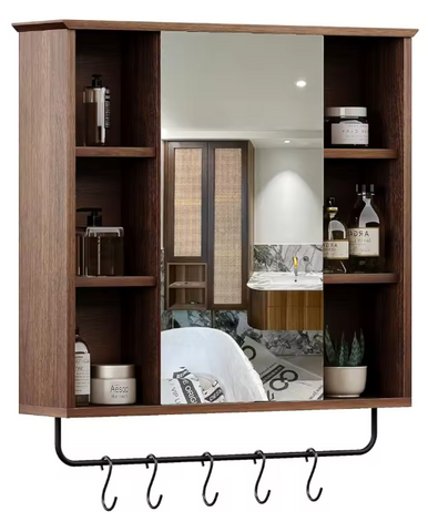 Medicine Cabinet with Mirror, Wall Mounted Bathroom Storage Cabinet with Mirror Door, Removable Shelves and 6 Open Shelves - 6.3"D x 26"W x 24"H